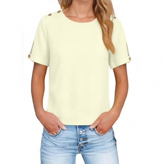 Xdegoge Short Sleeve Blouses for Women Cotton Linen Tops Casual Crewneck Pullover Shirts with Shoulder Button Details Loose Fit Lightweight Summer Spring Daily Work Wear
