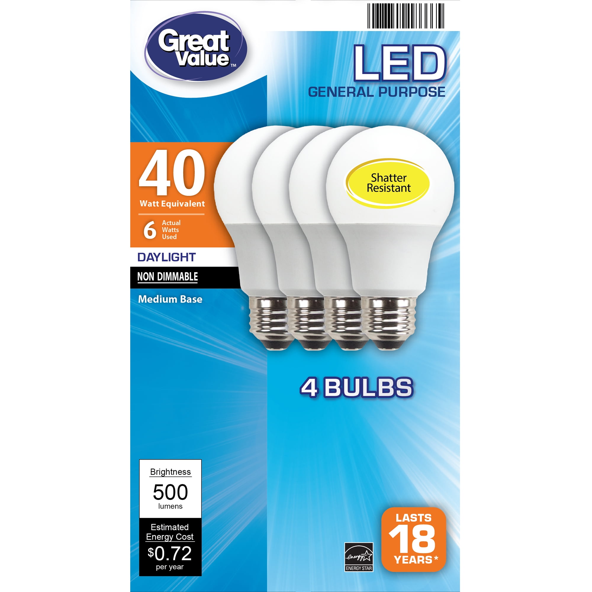 Great Value LED Light Bulb, 6W (40W Equivalent) A19 General Purpose