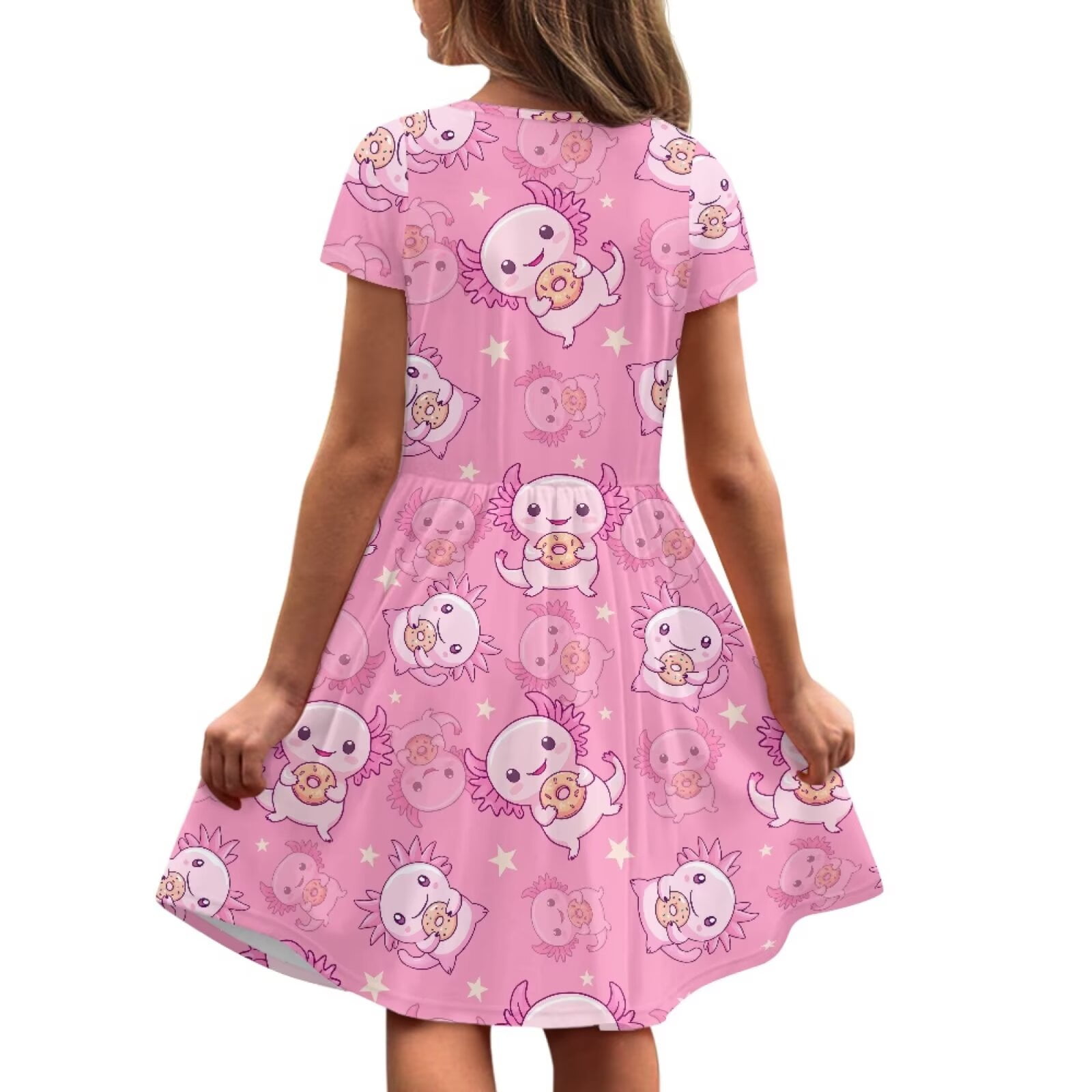Uourmeti Girls Axolotl Short Sleeve Dress Size 10-12 Summer Soft Crew Neck Midi Dresses Lightweight Loose Swing Dress with Pockets