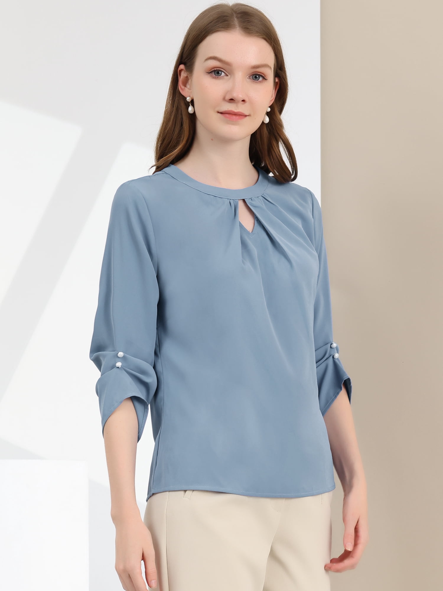 DARING DIVA Round Neck Keyhole Pleated Shirred Work Top S Grey Blue