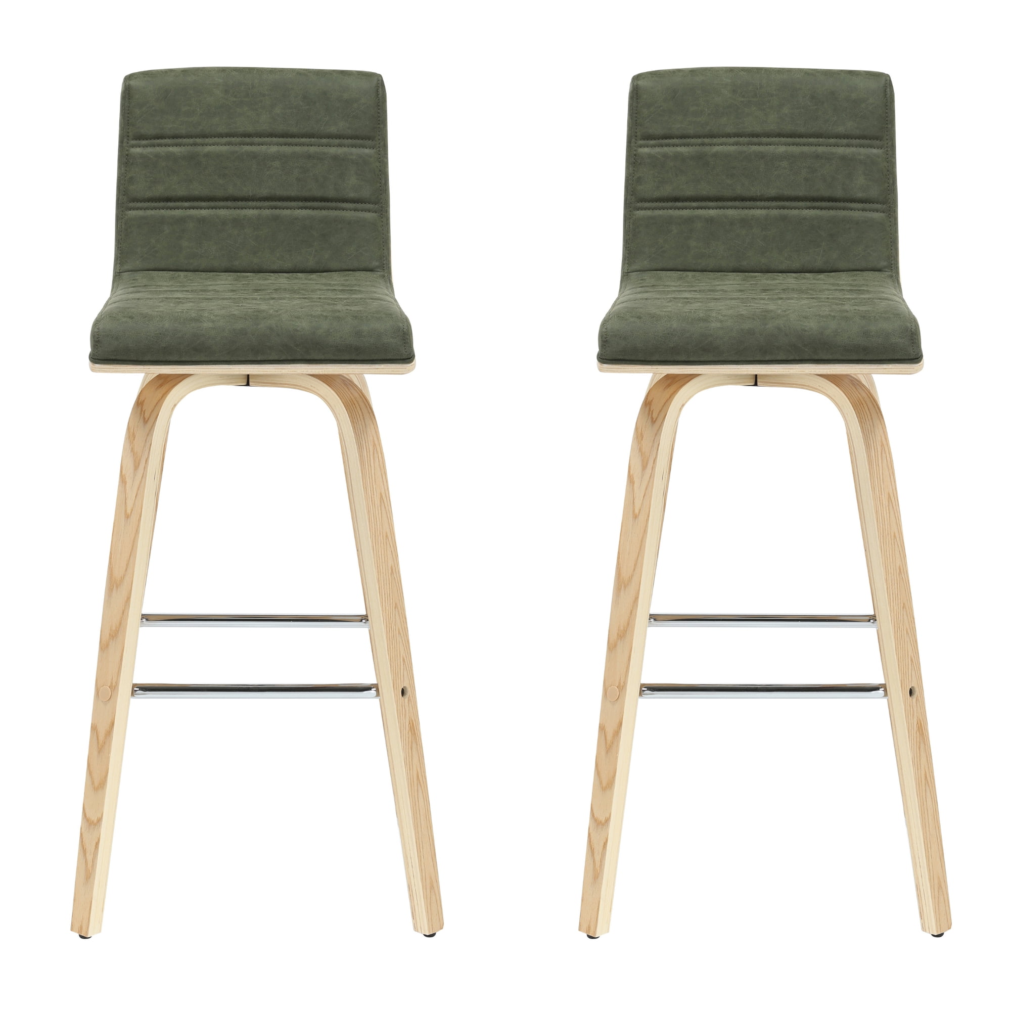 Vienna 39.5 in. H Swivel Bar Height Vintage Green Square Back Wood Bar Stool with Faux Leather Seat Set of 2