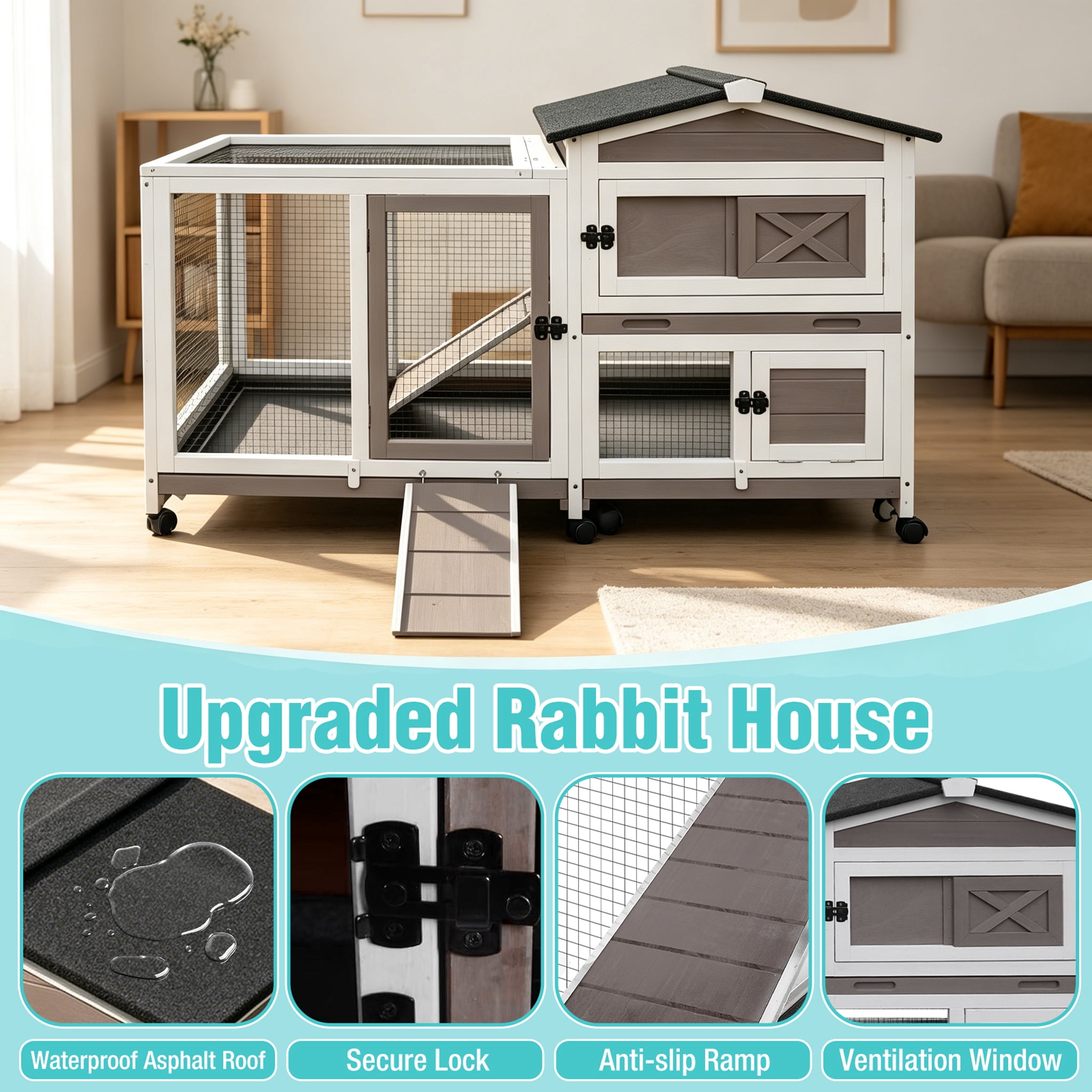 Aivituvin 60" Rabbit Hutch with Chew-Proof Ramp & Waterproof Roof Indoor/Outdoor Bunny Cage, 2-Story Rabbit House with with 6 Lockable Wheels & 3 Leak-Resistant Trays Brown
