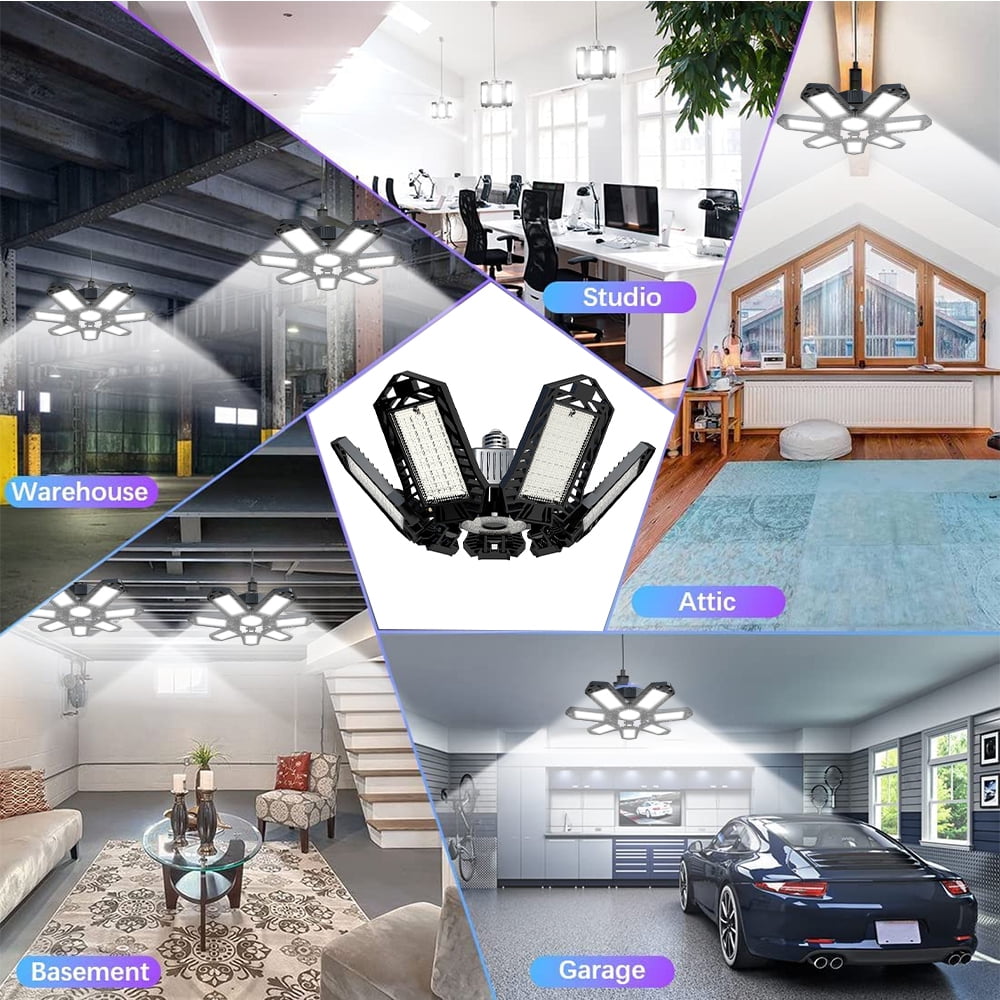 KEPEAK 120W Deformable LED Garage Ceiling Lights, E26/E27 LED Lights for Garage, 2 Packs