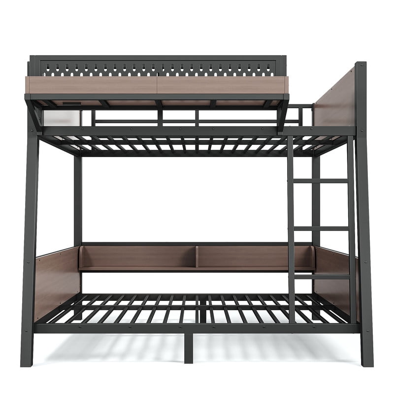 Full-Over-Full Storage Bunk Bed with Shelves, Multi-Functional Metal Bed Frame with LED Light and Charge Station for Kids,Teens