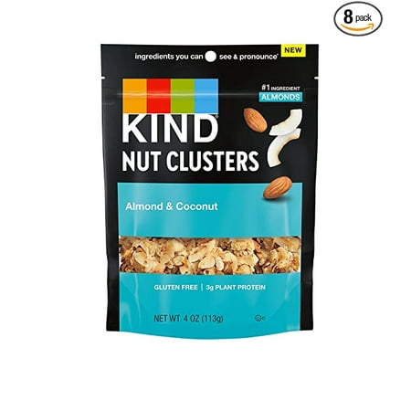 KIND Snack Nut Clusters Almond Coconut Gluten Free Plant Based Protein 4 Ounce Bags (Pack of 8)