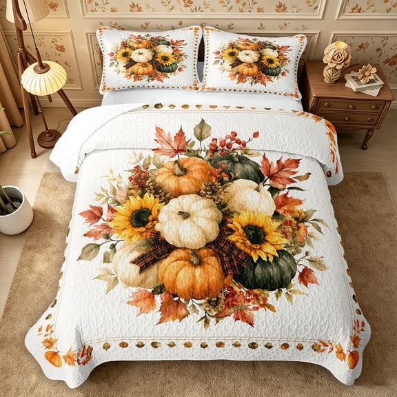 Erosebridal Pumpkin Wreath Twin Quilt Set 2 Pieces,Fall Harvest Twin Coverlet Set,Khaki,1 Bedspread and 1 Pillowcase