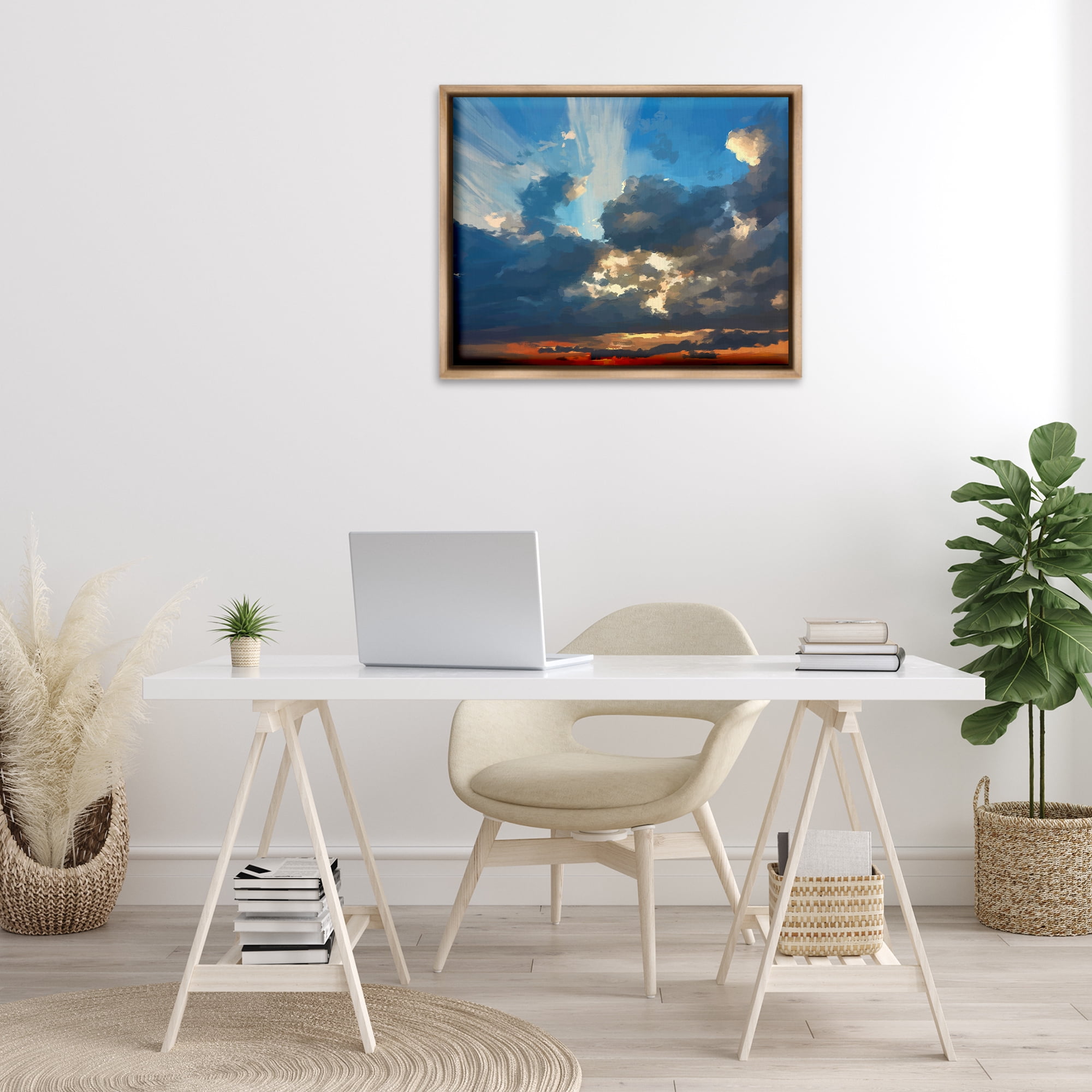 Stupell Industries Sun Rays Through Clouds Landscape & Nature Painting Brown Floater Framed Canvas Art Print Wall Art, 31 x 25