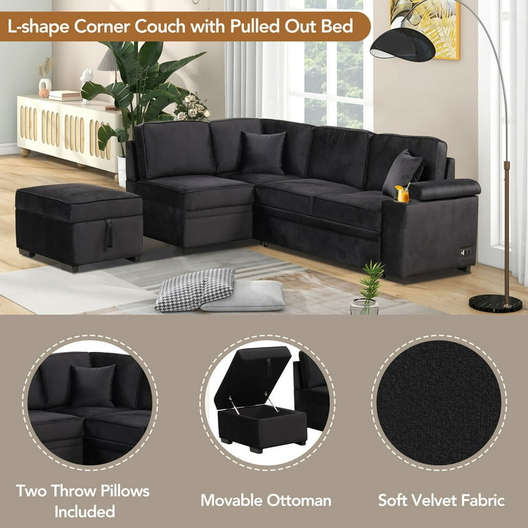 Churanty Sleeper Sectional Sofa Pull Out Bed Upholstery Reversible Couch  with Hidden Arm Storage and Ottoman,Black