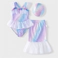 thumbnail image 5 of Baby Girl&nbsp;Swimsuit Mermaid Print Sleeveless Mesh One Piece with Mesh Swim Skirt And Swim Cap Hawaiian Beach Bathing Suits for Girls Light Purple 7 Years-8 Years, 5 of 5