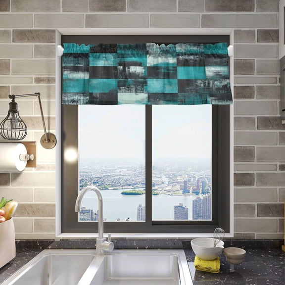Teal and Black Squares Curtain Valances Window Treatment Rod Pocket Drape Valance 54" X 18" for Kitchen Living Room Bedroom