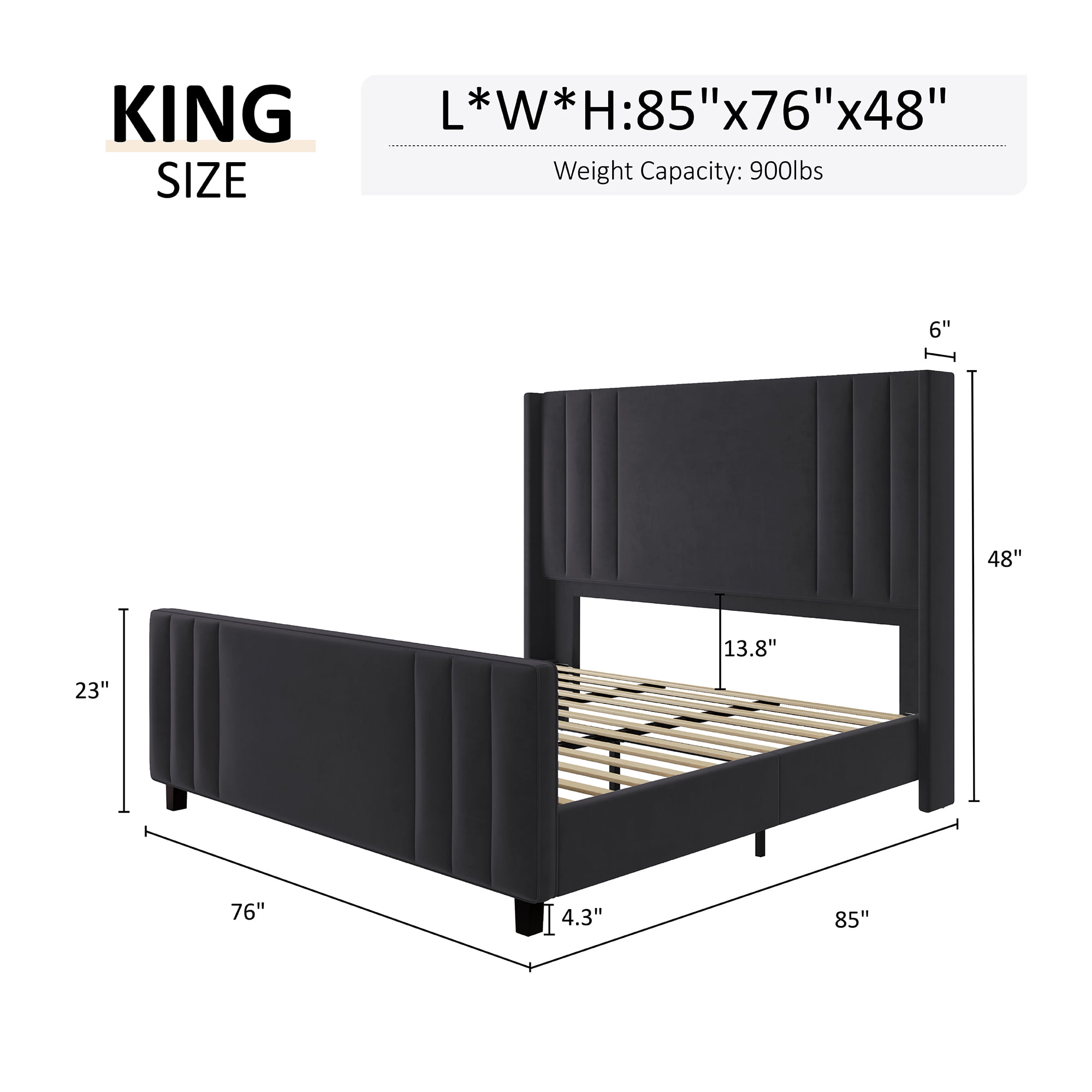 Amerlife King Size Bed Frame with Velvet Upholstery, Tufted Headboard and Footboard, Black
