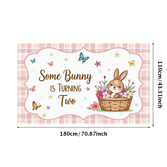 Adorable Bunny Themed Banner for 2nd Birthday, with Colorful Flowers Butterflies Background, Party Decorations, Birthday Party Supplies, Photography Props, Backdrop for Kids Birthday Celebrations