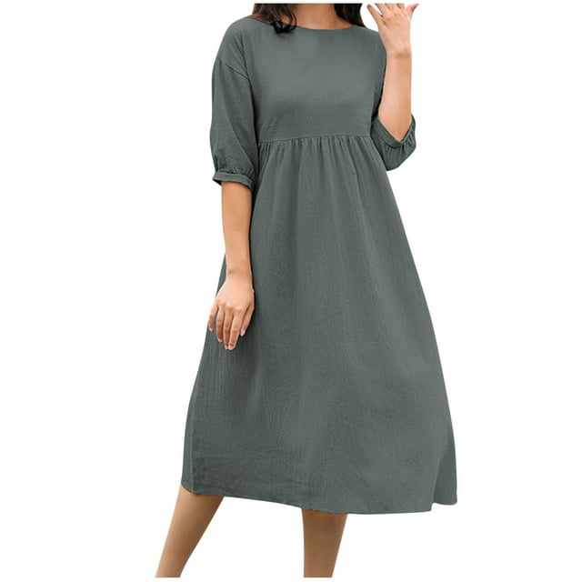 Pisexur Robes d'Automne pour Femmes Manches 1/2 Col Rond Robe Midi Mode Élégante Couleur Unie Robes de Retour à la Maison Robe Cocktail en Coton Lin Fluide Décontractée