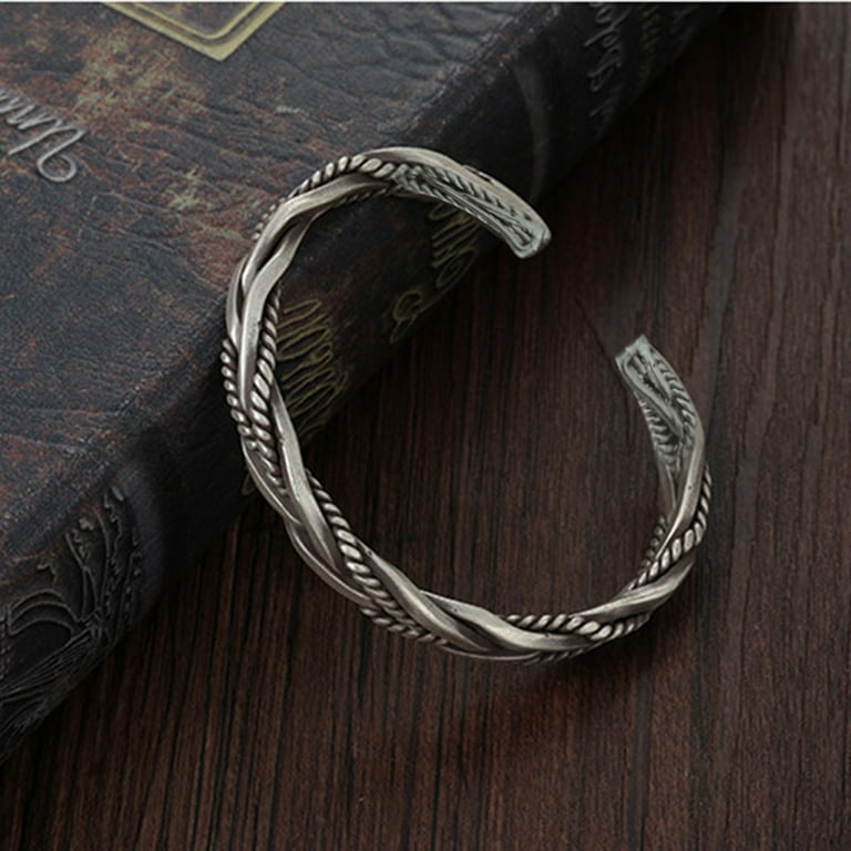 Happy Date Silver Bangle for Men,Vintage Open Bracelet for Men