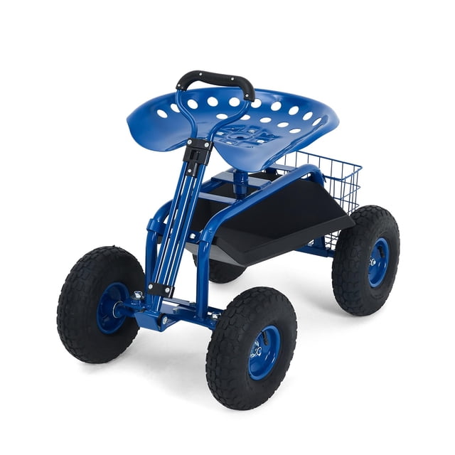 Chariot de Jardin Roulant avec Siège, Siège de Travail de Jardinage Robuste 400 Lb avec Roues, Rotation à 360° et Hauteur Réglable, Poignée de Direction Extensible, Panier de Rangement et Plateau pour Adulte, Aînés