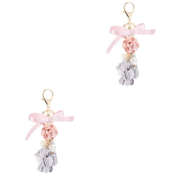 Hytrove Pink Rose Flowers Keychain Fashion Style Women Handbag Accessory 2Set