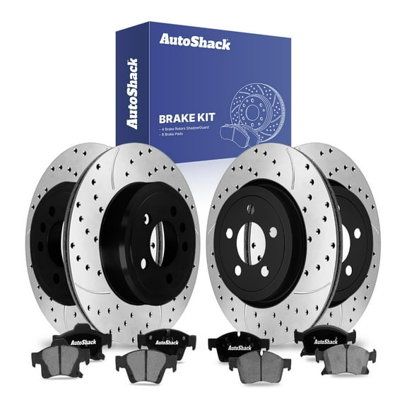 AutoShack Front Vented & Rear Vented Drilled & Slotted E-Coated Brake Rotors   Ceramic Pads 12-PC Brake Kit Replacement for 2017-2020 Dodge Durango ShadowGuard
