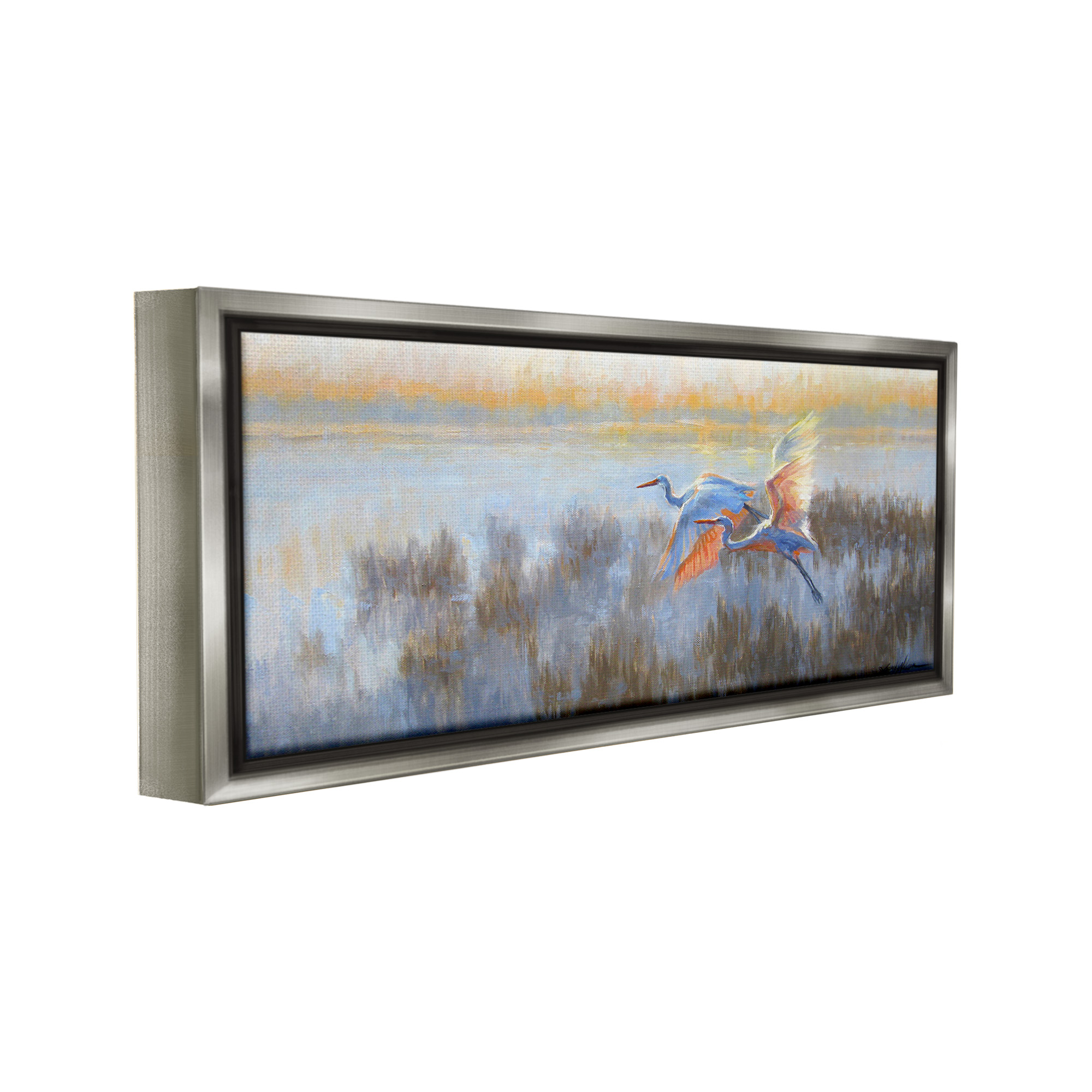 Stupell Industries Crane Birds over Lake Animals & Insects Painting Gray Floater Framed Canvas Art Print Wall Art, 25 x 11