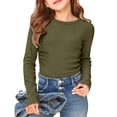 thumbnail image 4 of Ulanda Girls Long Sleeve Shirts Crewneck Ruched Side Slim Fit Tops Ribbed Knit Casual Tee Shirt 4-15 Years (Army Green, 13-14 Years), 4 of 7