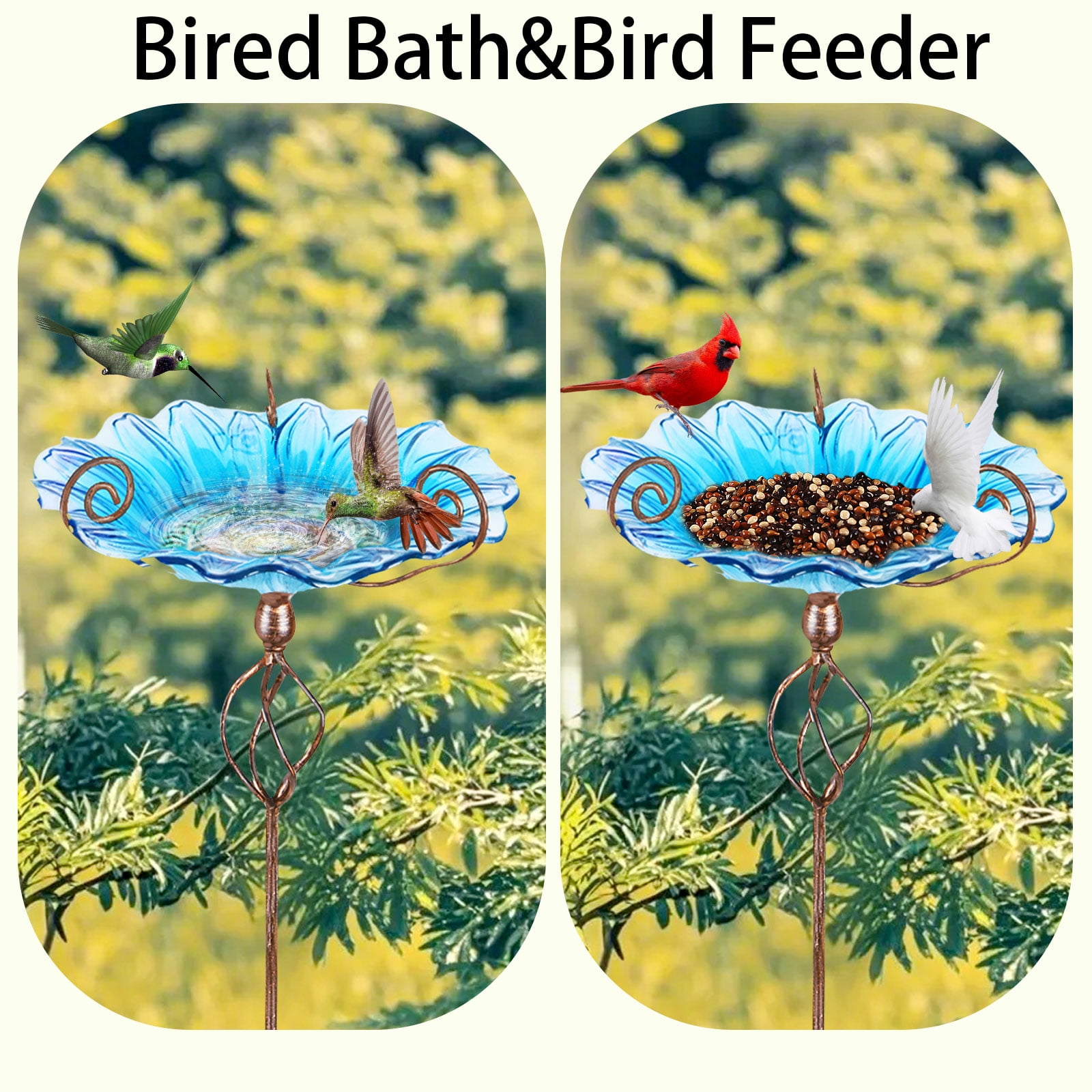 Bird Baths - Outdoors Sunflower Glass Birdbaths Outdoor Garden Birdfeeder with Metal Stake Bowl with Stake for Garden Yard Decor Blue