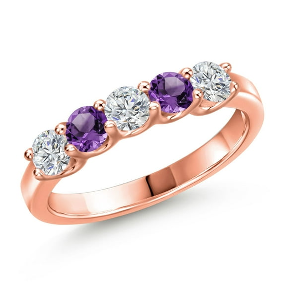 Gem Stone King 18K Rose Gold Plated Silver Lab Grown Diamond and Purple Amethyst Wedding-Bands Ring for Women | 0.83 Cttw | Round 3.5MM | Gemstone April Birthstone | Size 5