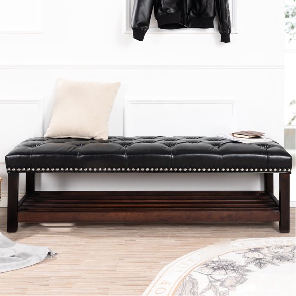 Bedroom & Entryway Upholstered Bench. Wooden Base With Full Sponge Seat. Build. Soft Pu Cover. Solid Wood Frame And Birch Legs. 60.3"w X 19.73"d 18.01"h. Black Bench For Entryway. Comfortable Pu.