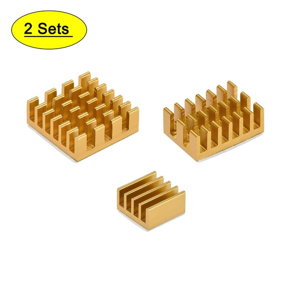 Gold Tone Aluminum Heatsink with Conductive Adhesive Pad, 14x14x6mm, 14x10x6mm, 9x9x5mm,2 Set Total 6 Pieces