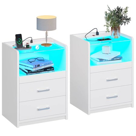 Set of 2 Nightstand with Charging Station and 2 Drawers Night Stand with Pull-Out Shelf Bedside Table with LED Lights White