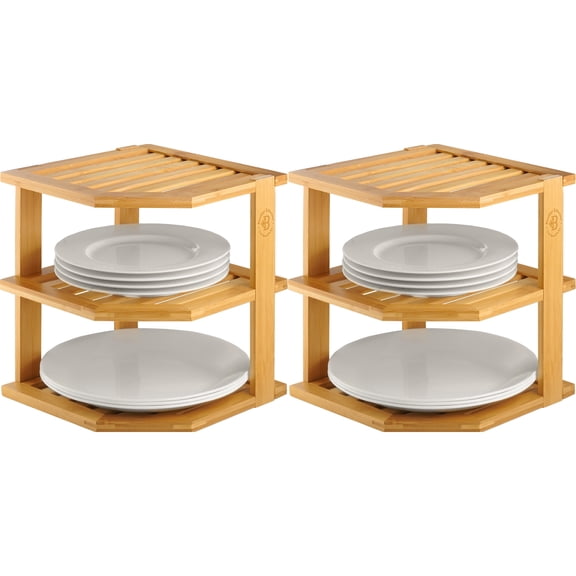 Bamboo Corner Plate Organizer for Cabinet, Space Saving Cupboard Organizer Shelf for Plates, Bowls and Dishes
