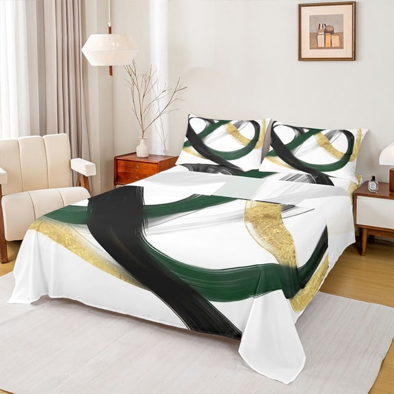 Castle Fairy Kids Teens Minimalism Stripes Twin Sheet Sets,Black Green Gold Bedding