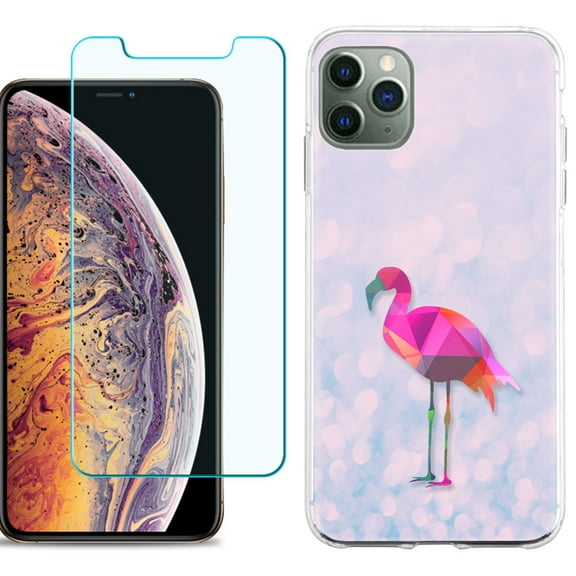 For Apple iPhone 11 Pro Max Phone Case , Slim-Fit TPU Case with Tempered Glass Screen Protector, by OneToughShield ® - Flamingo / Polygon