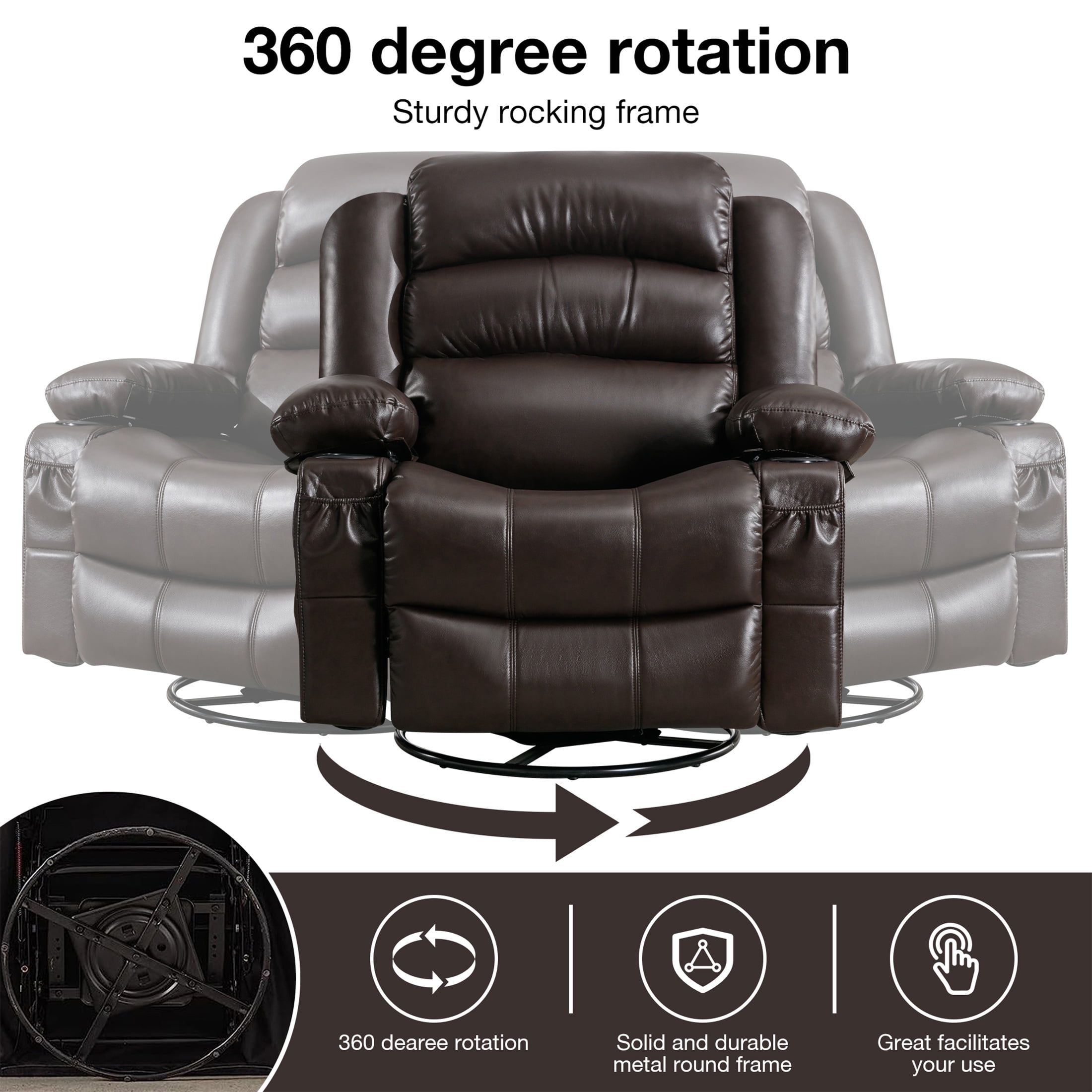 UHOMEPRO Massage Swivel Rocker Recliner Chair, PU Leather Rocking Sofa Home Recliner with Side Pockets Cup Holder and USB Charge Port, 360-degree Rotation, 30-degree Rocking, Brown