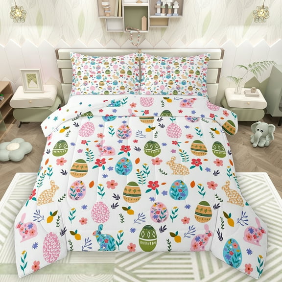 Manfei Boho Dinosaur Egg Twin Comforter Set,Cute Cartoon Flower Kawaii Rabbit,Breathable Reversible Decor For Kids,2-Piece