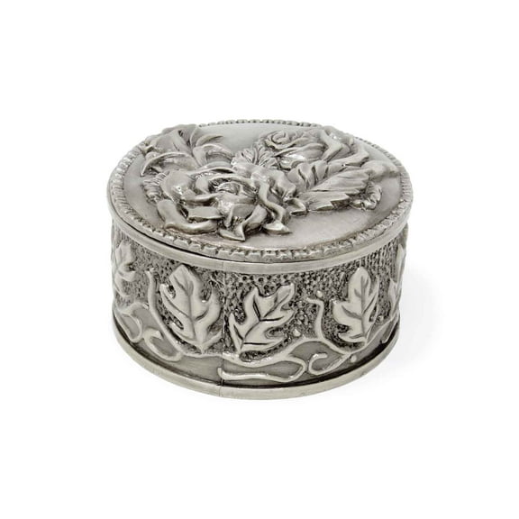 Supreme Housewares Vintage Rose Embossed Round Pewter Jewelry Trinket Box