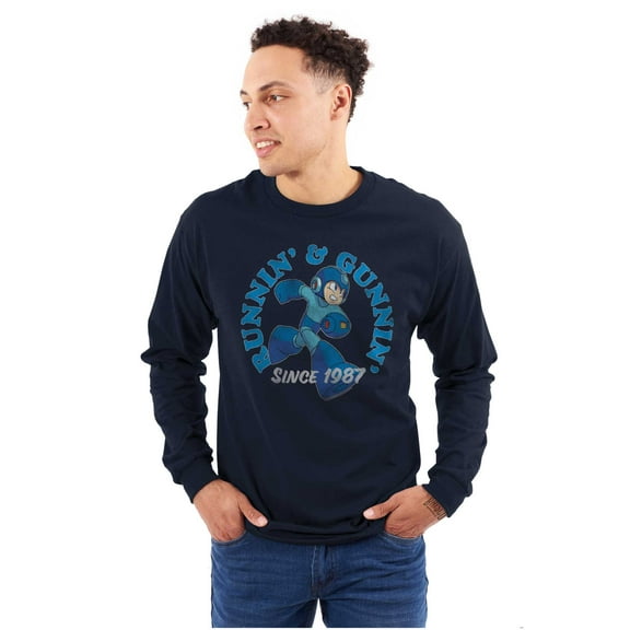 Mega Man Video Game Runnin and Gunnin Unisex Plus Size Long Sleeve Shirt Brisco Brands 2X