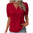 thumbnail image 1 of Blusa elegante lisa de verano con cuello en V y encaje para mujer - Camiseta cómoda de manga corta en color liso, 1 of 5