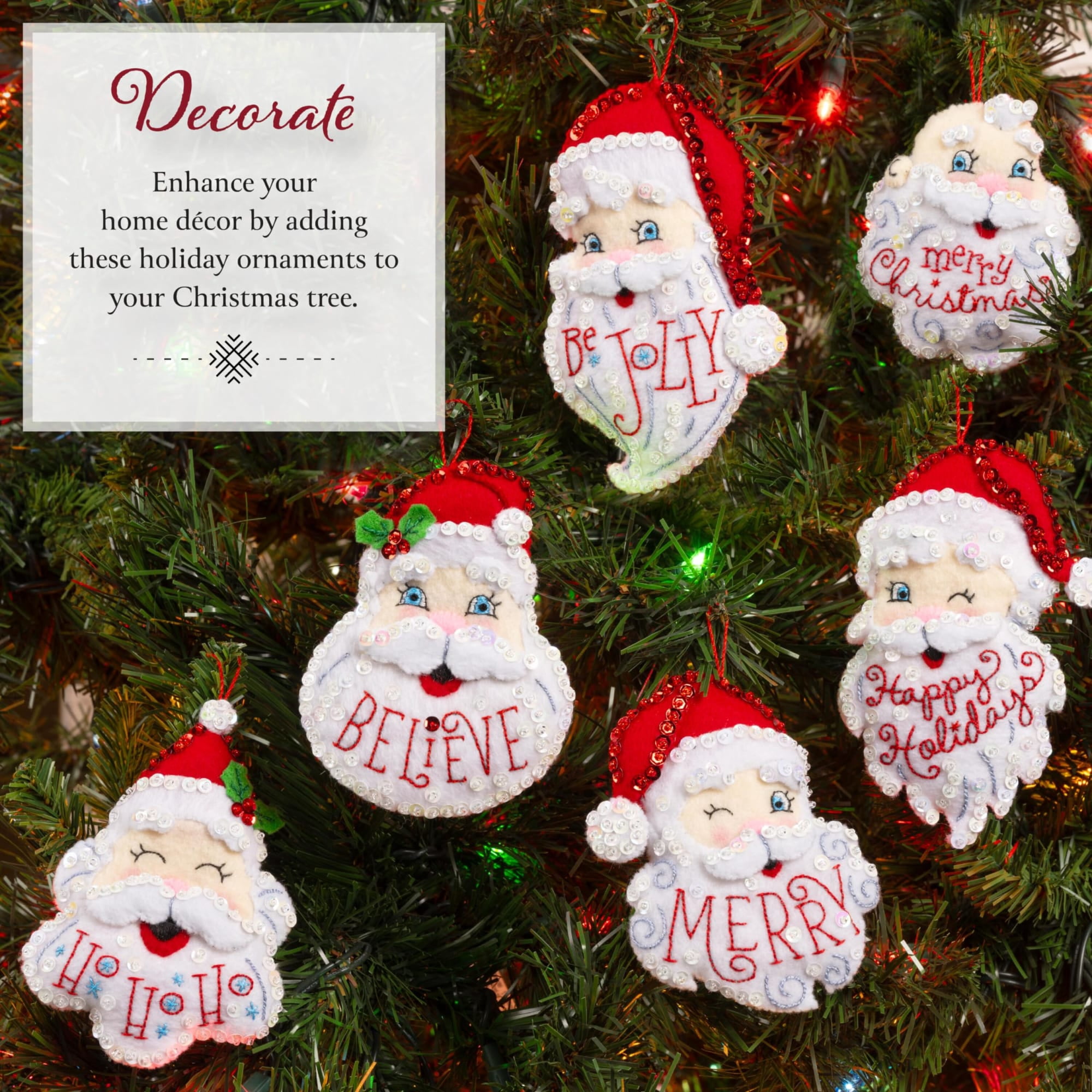 Bucilla Holiday Greetings 6 Count Felt Applique Ornament Kit, 4 x 5 in