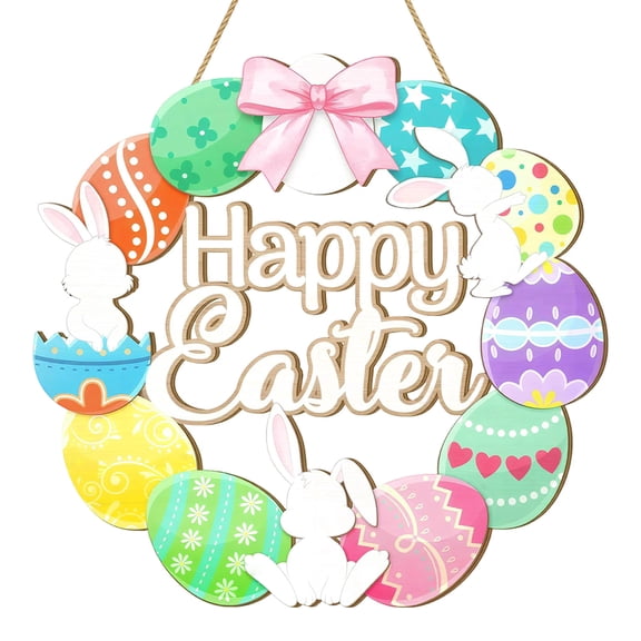 Happy Easter Decorative Sign, Spring Decorations for Home, Wooden Rabbit Egg Wreath for Front Door, A