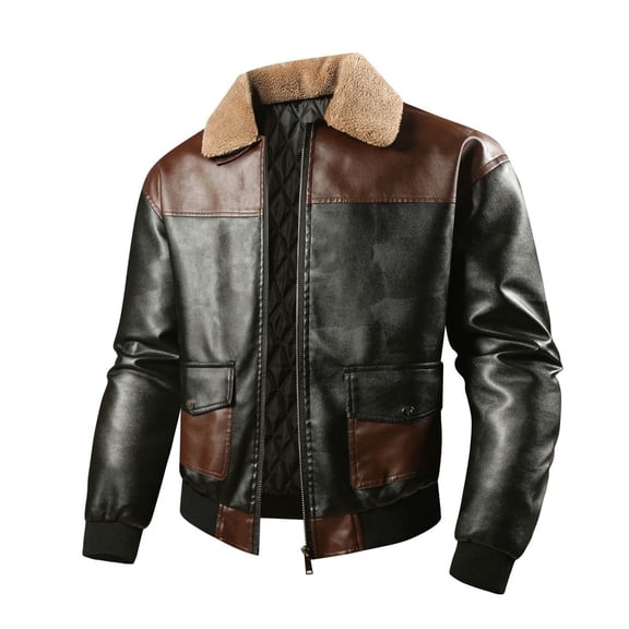 Turilly Men's Faux Leather Bomber Jacket Sherpa Collar Zip Up Flap Pockets Casual Coat for Fall Winter