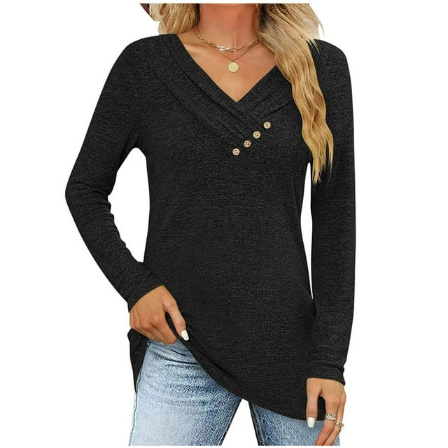 Birdeem Womens Fashion Casual Solid Color V-Neck Long Sleeve Button Top
