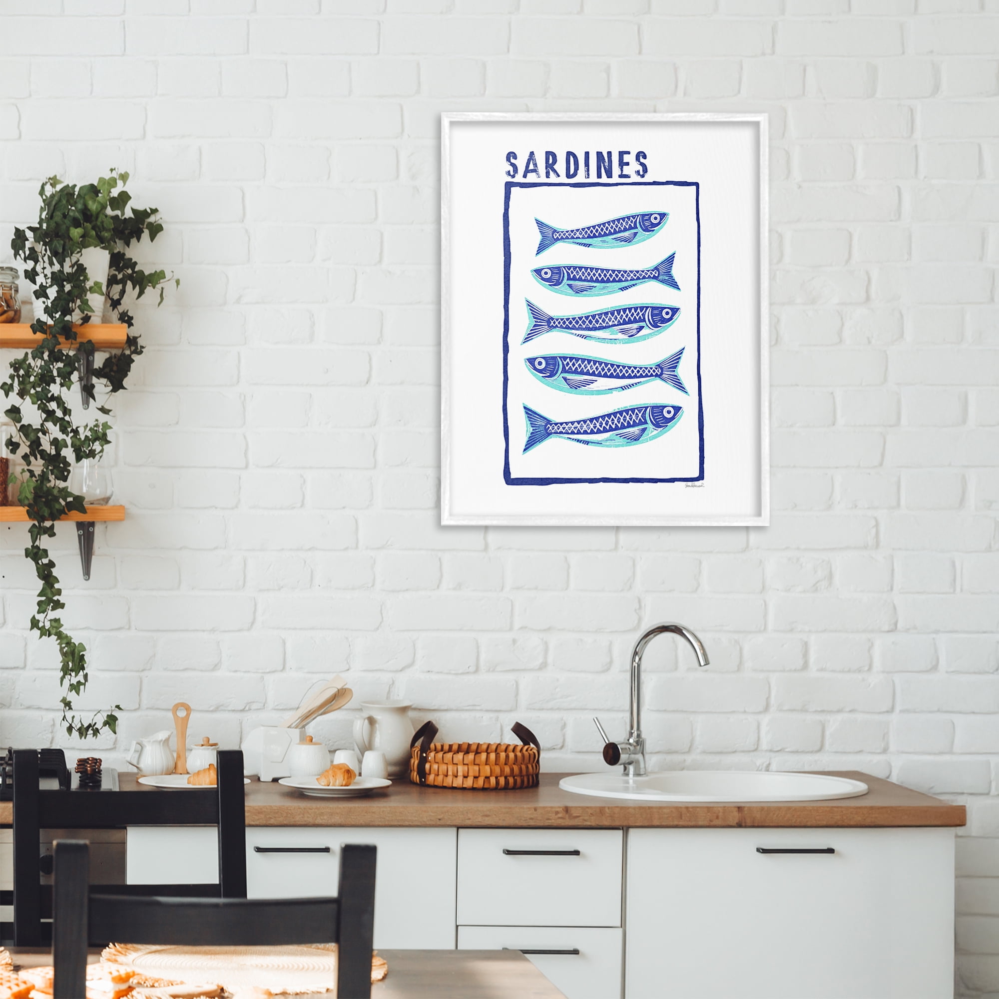 Stupell Industries Blocked Sardines Pattern White Framed Giclee Art, design by Amanda Greenwood