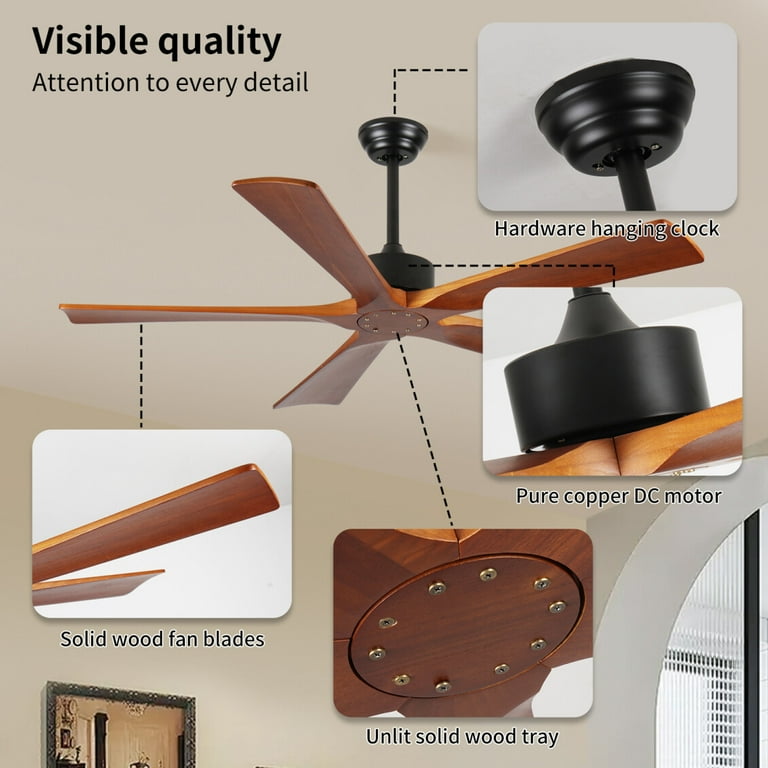 60 Inch Wood Ceiling Fan with Remote, 5 Blades Quiet DC Motor, 6