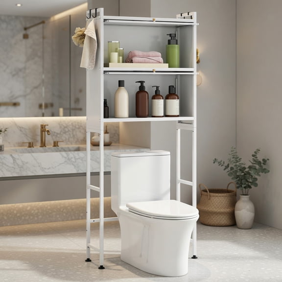 Hommoo Over-the-Toilet Storage Cabinet with Flip-Up Doors, Adjustable Height & Wall-Safe Design, Bathroom Organizer for Shampoo, Toiletries & Towels, White