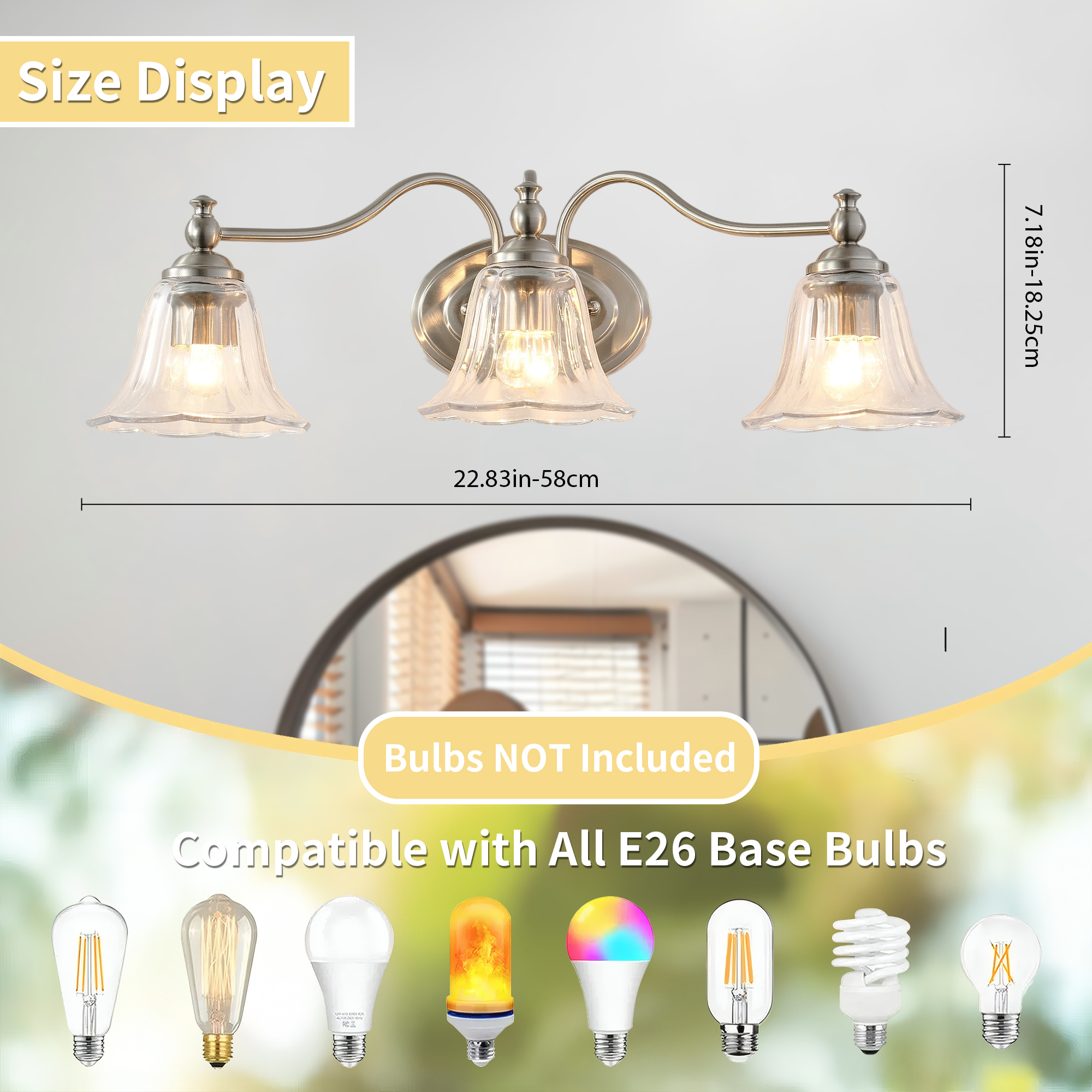 Brushed Nickel Vintage 3-Light Vanity Light, Bathroom Mirror Light with Floral Glass Shades, Farmhouse Wall Sconce for Bedroom