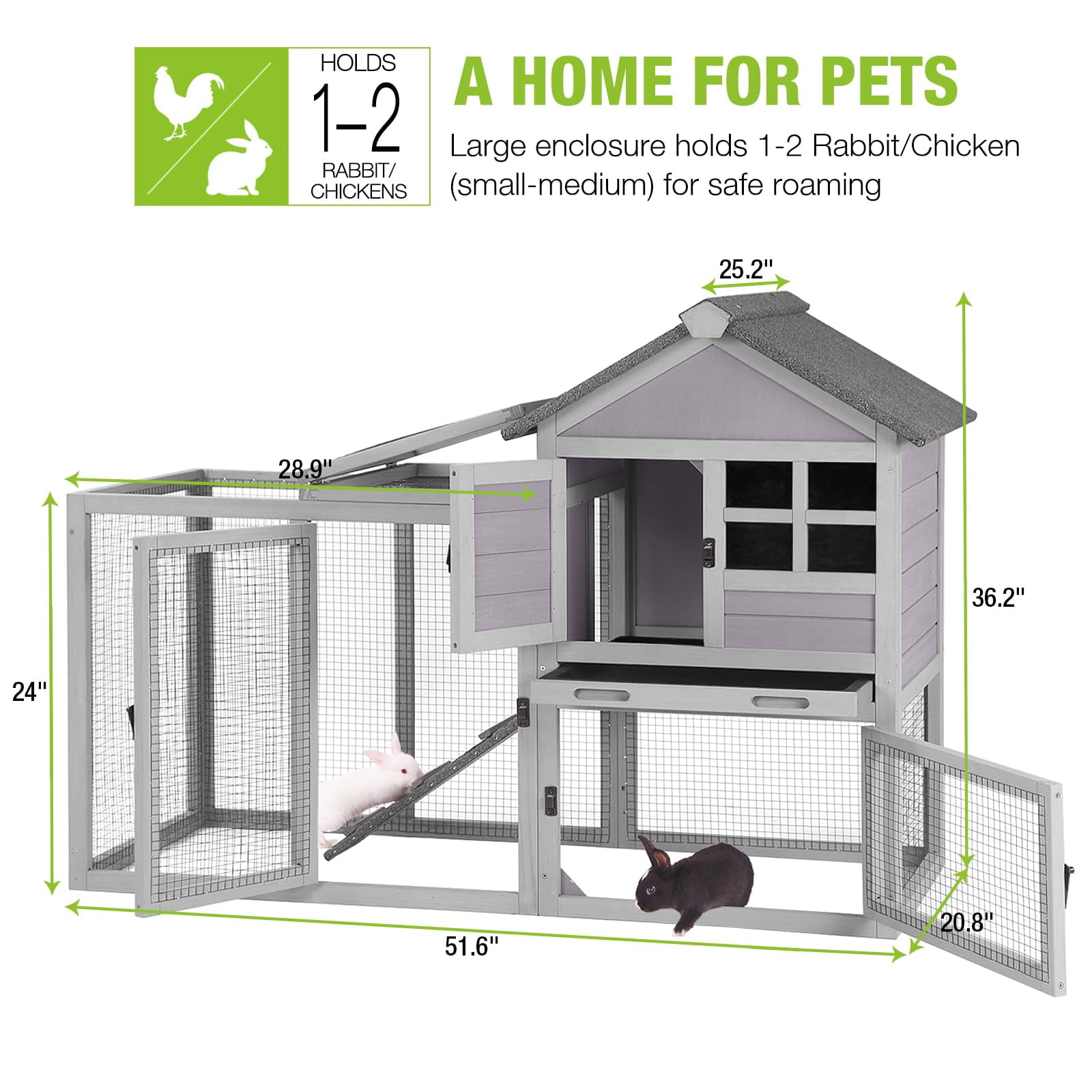 Rabbit Hutch Indoor Outdoor Bunny Cage Expandable with Run Guinea Pig House 51.6 Inch Grey Waterproof Asphalt Roof for Small Animals