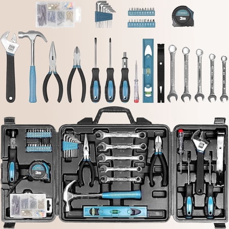 Tool Kit for Home, 144 Piece Hand Tool Set with Storage Box, General Basic Repair Tool Set with Hammer, Pliers, Wrenches, Voltage Tester, Measure Tape, Screwdriver Bits