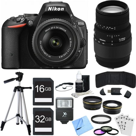 Nikon D5500 DX-format DSLR Camera w/ NIKKOR 18-55mm + 70-300mm Lens Black Bundle includes Camera, Lenses, 52mm Filters, 16GB + 32GB SDHC Memory Cards, Tripod, Cleaning Kit, Beach Camera Cloth + (Best Memory Card For Nikon D5500)