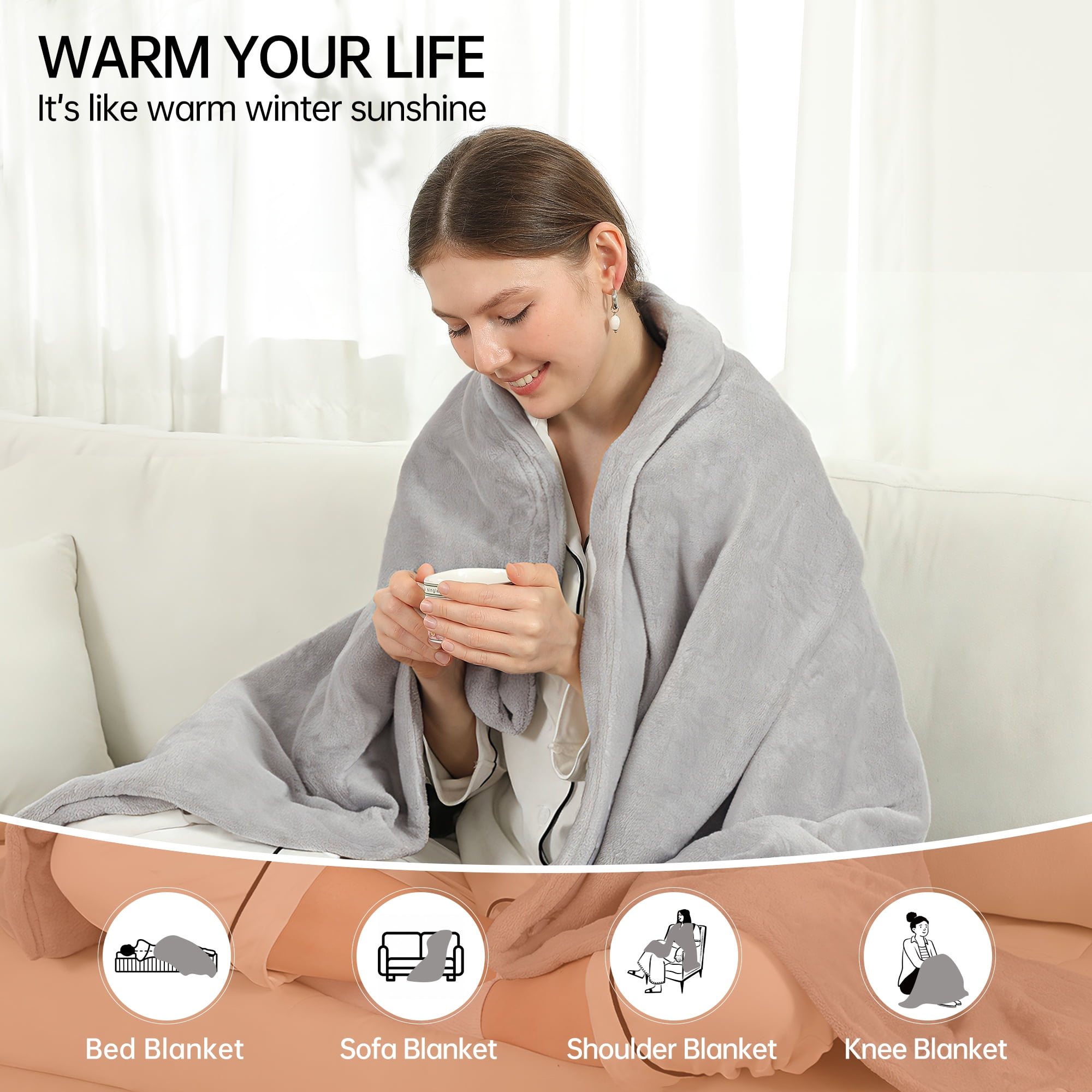 TRUSTWARMTH Electric Heated Blanket Twin Size 62"x84" with 6 Heating Levels 10 Hours Auto off Fast Heating Over-Heated Protection Ultra Soft Warm Flannel ETL Certified,Warm Gifts, Light Gray