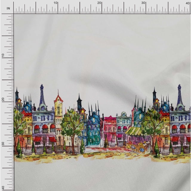 Soimoi Poly Georgette Fabric Buildings Panel Print Fabric by Yard 52 Inch Wide