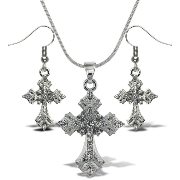 Aqua79 Sparkling Fleur De Lis Cross Dangle Earrings and Necklace Jewelry Set – Cute Sparkly Charm Necklace and Earrings Set Plated in Silver Color – Elegant Silver Jewelry Cross Pendant Set